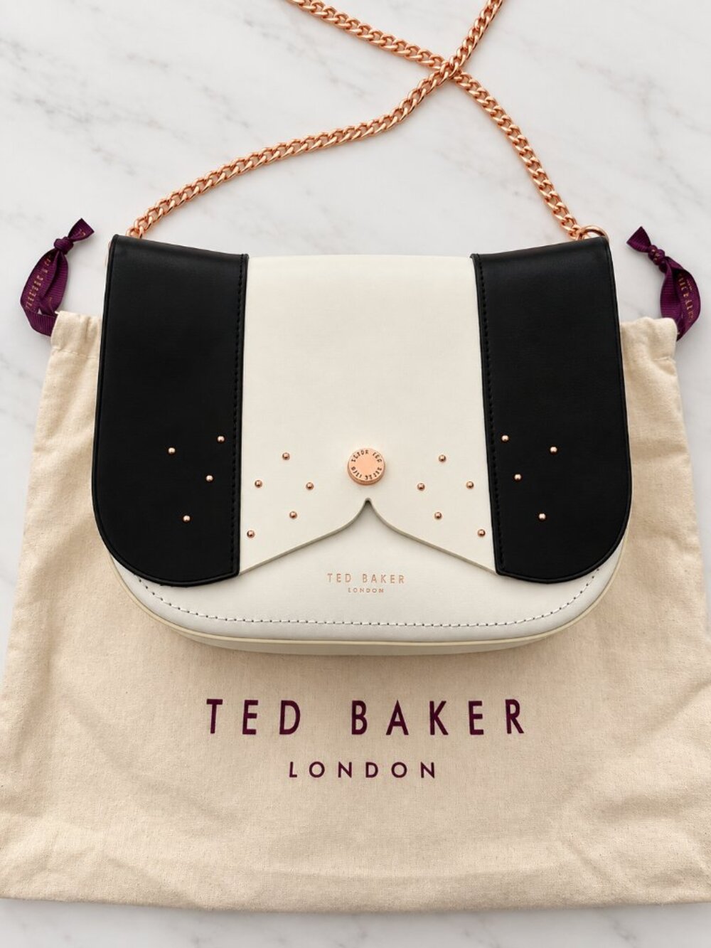 Ted Baker London Black & Ivory Leather Studded Crossbody Bag Rose Gold
